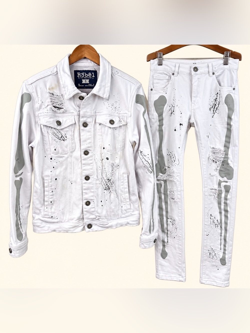 R3bel Men’s Skeleton Distressed Denim Jacket & Jeans Set White S 32x32